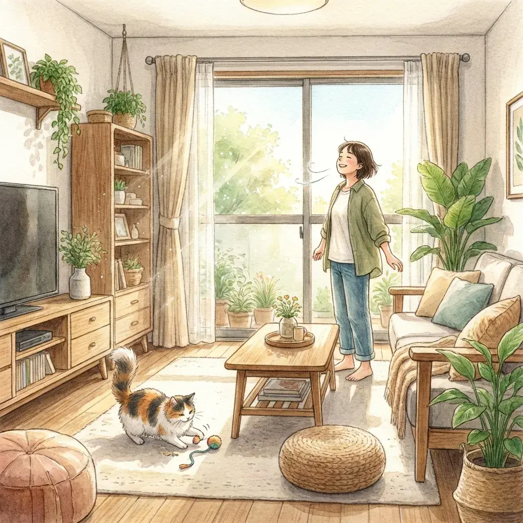 Cat at home in a fresh, odor-free space